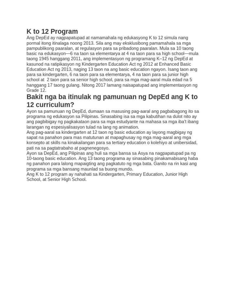 K To 12 Program | PDF