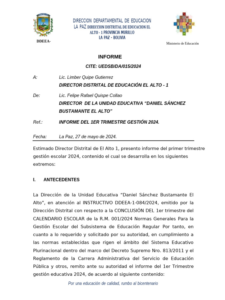 Informe Trimestral Educación El Alto 2024 | PDF | Plan de estudios ...