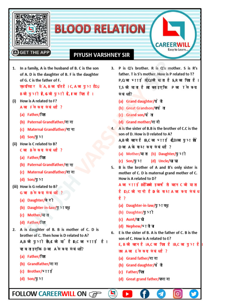 Blood Relation Reasoning Questions | PDF | Life Skills | Youth