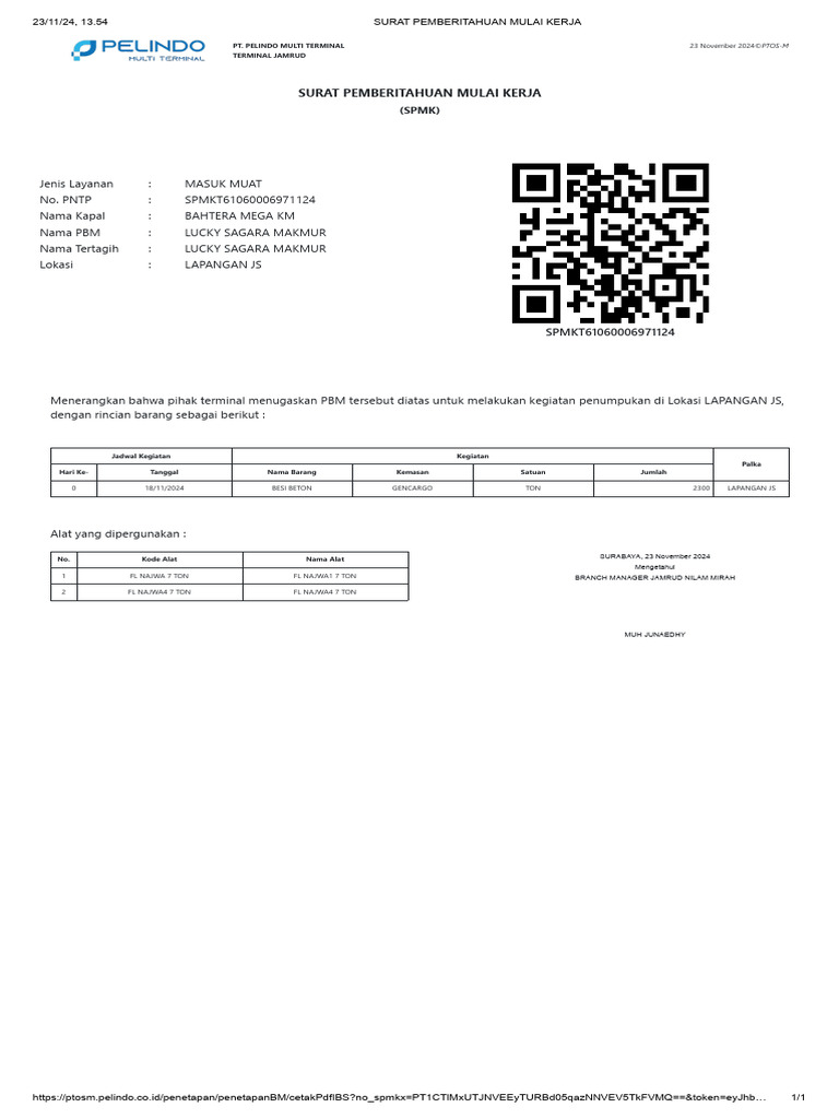 Surat Pemberitahuan Kerja Kapal Bahtera Mega | PDF
