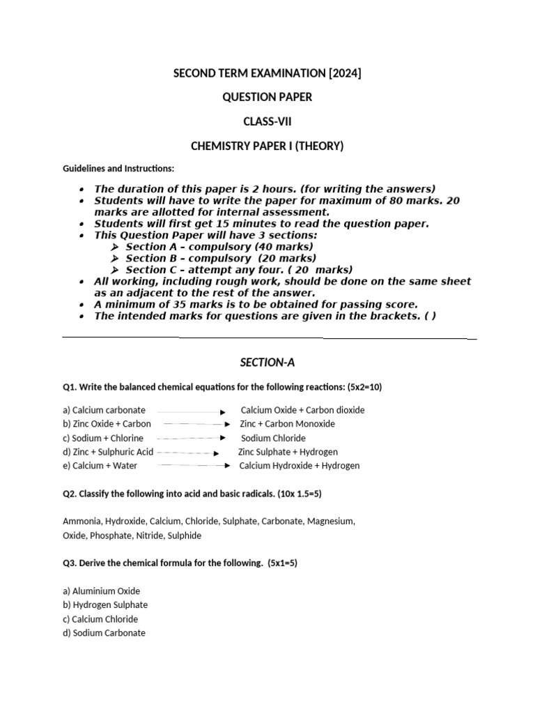 Class 7 Chemistry Exam Paper 2024 | PDF | Chemical Reactions | Oxide