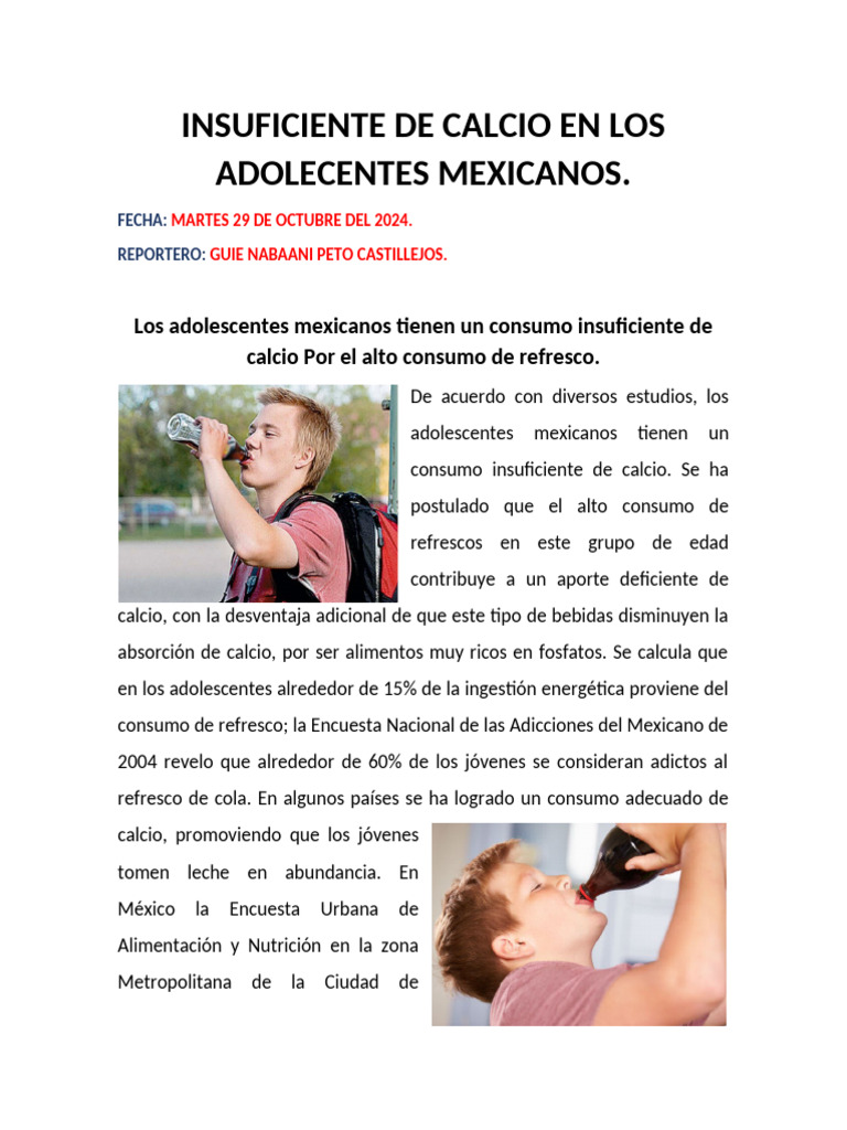 Consumo Insuficiente de Calcio en Adolescentes Mexicanos | PDF