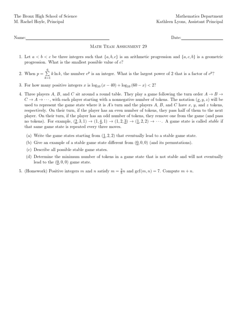 Bronx Science Math Team Assignment 29 | PDF