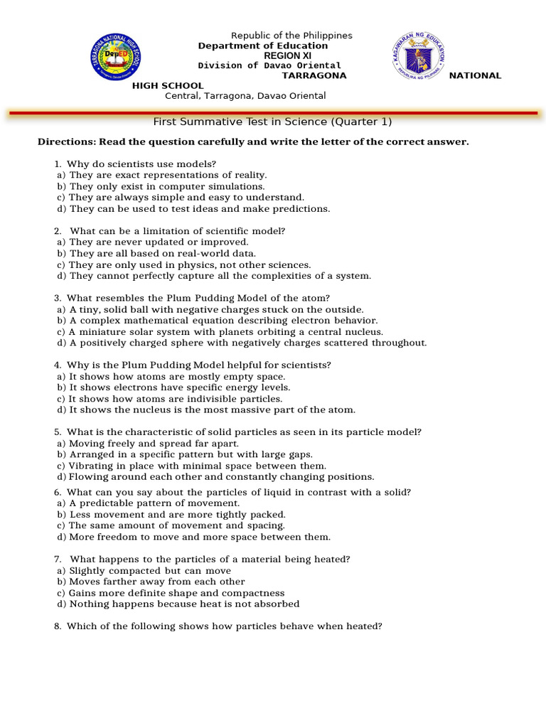 First Summative Science Test Guide | PDF | Chemical Substances | Atoms