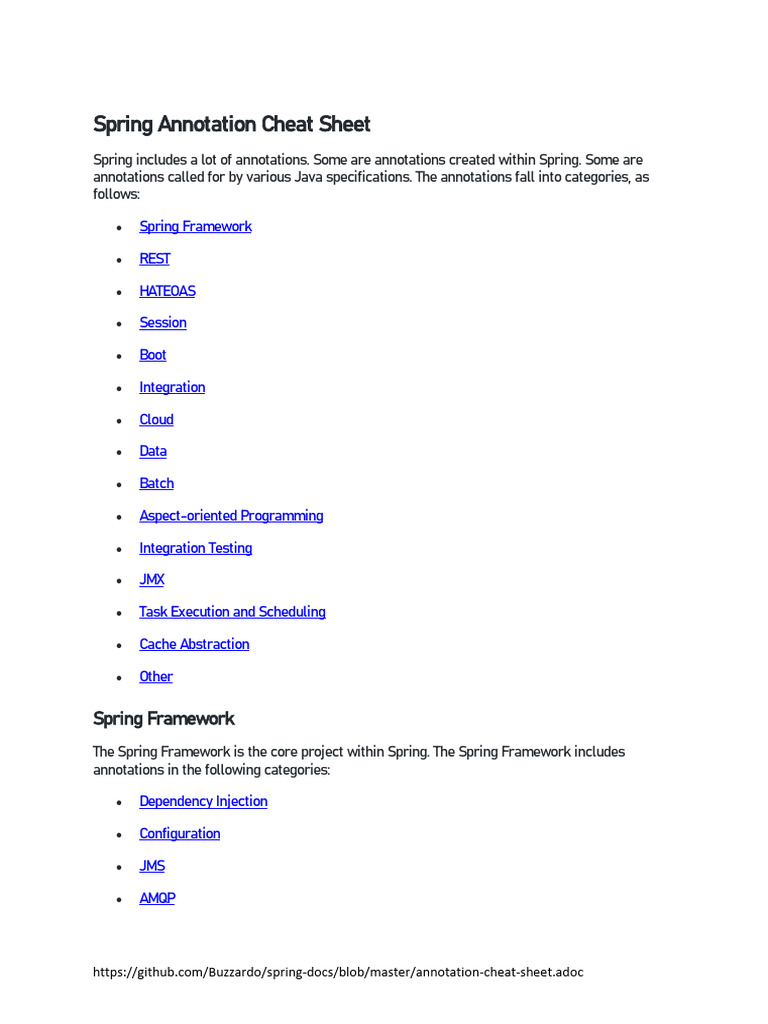 Spring Annotation Cheat Sheet 1664749230 | PDF | Spring Framework ...