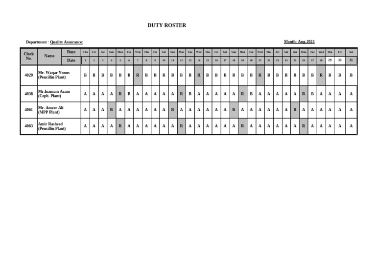 Ameer Ali's Duty Roster - Aug 2024 | PDF