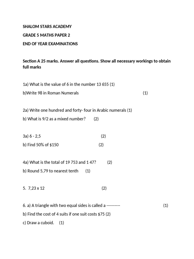 Grade 5 Maths Exam Paper Overview | PDF