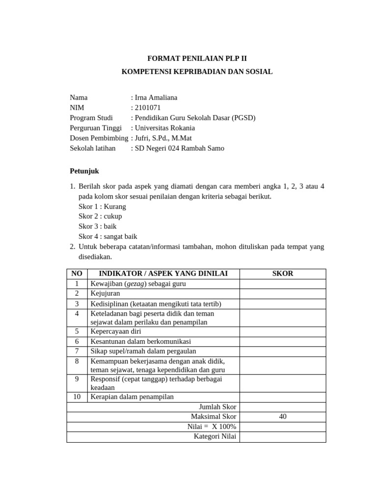 Format Penilaian PLP II PGSD Universitas | PDF