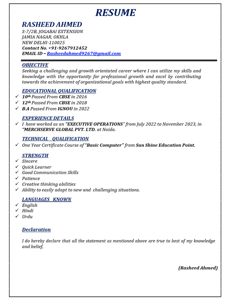 Rasheed Ahmed Resume: Operations Executive | PDF