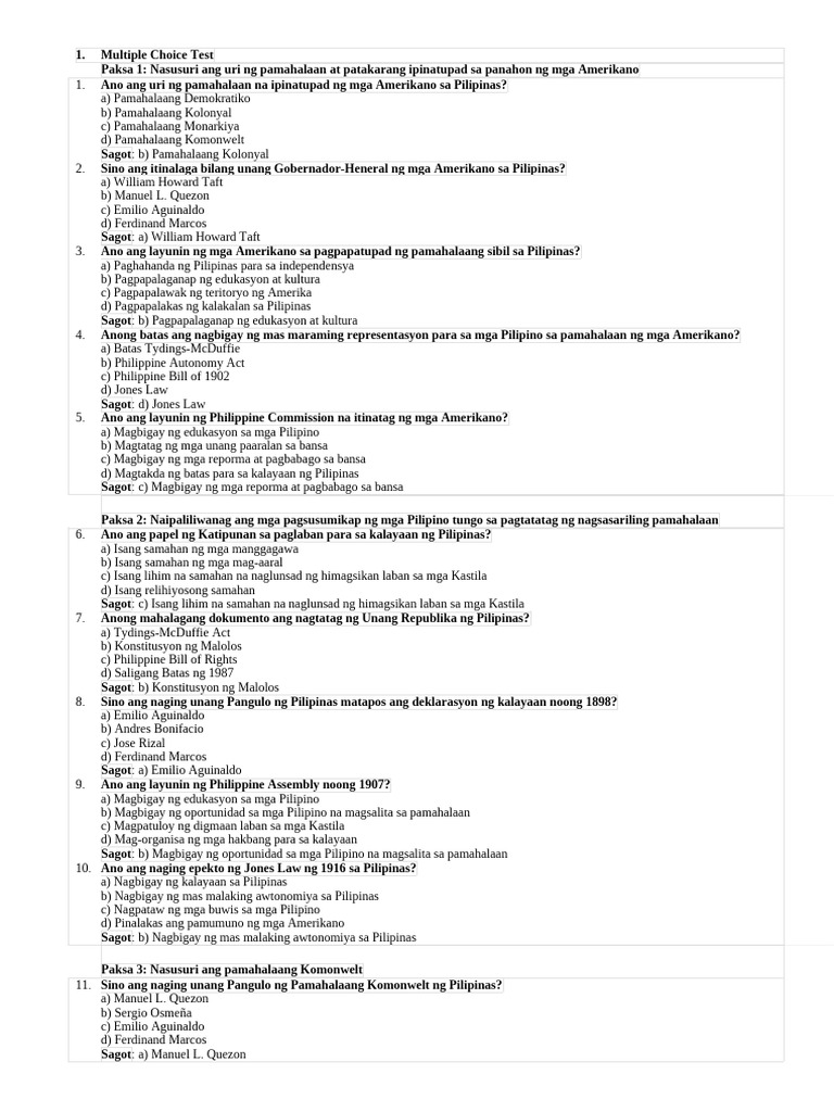 Multiple Choice Test in AP 6 Q2 | PDF