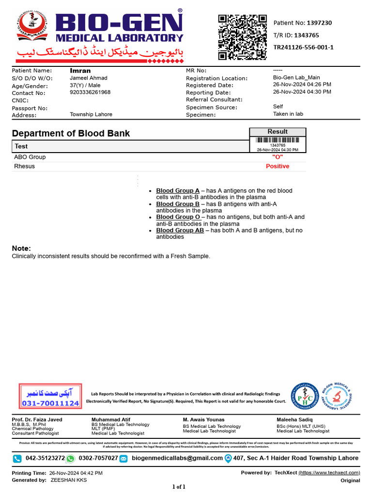 Blood Group Test Report for Imran | PDF | Blood Type | Medical Laboratory