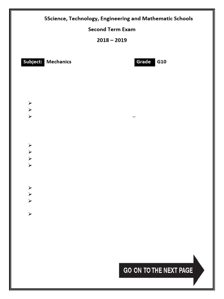 Grade 10 Mechanics Exam 2018-2019 | PDF | Force | Acceleration
