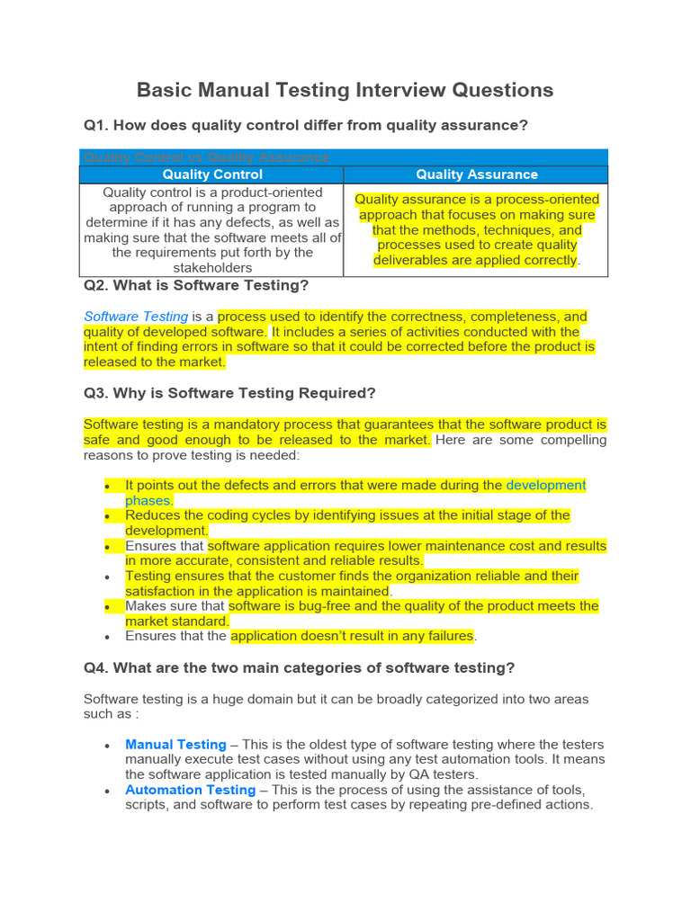 Basic Manual Testing Interview Questions | PDF | Software Testing ...