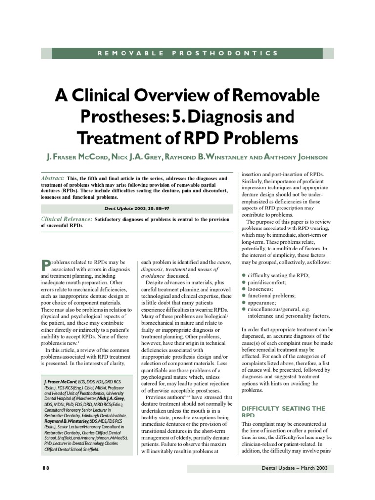A Clinical Overview of Removable Prostheses 5. Diagnosis and Treatment ...