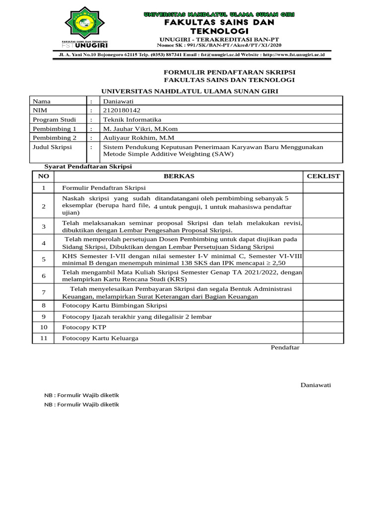 Formulir Pendaftaran Skripsi FST UNUG | PDF