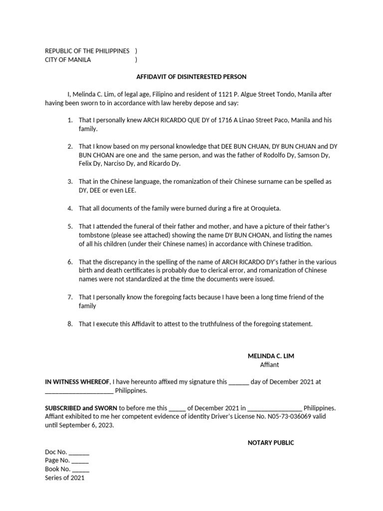 Affidavit of Disinterested Persons | PDF