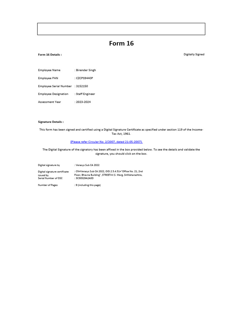 Form 16 for Birender Singh 2023-24 | PDF | Tax Deduction | Employee ...