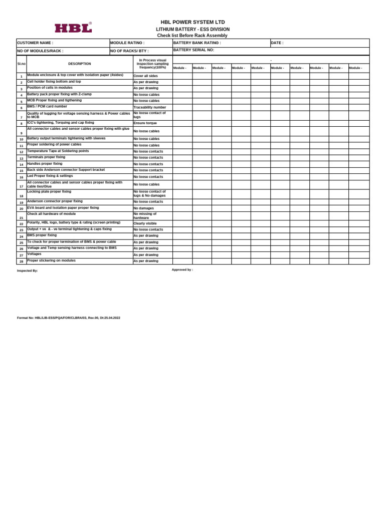 Check Sheet Before Rack Assembly - Final | PDF | Electrical Connector ...