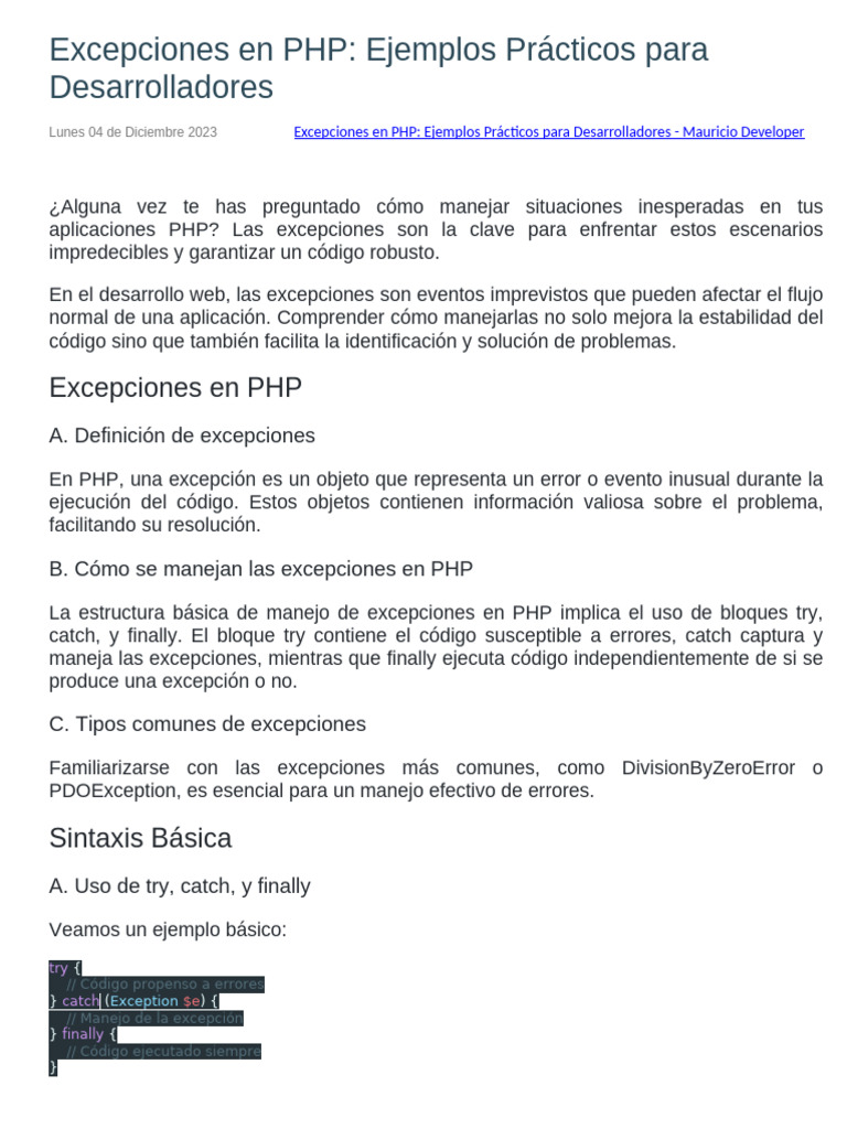 PHP - Excepciones - Mauricio Developer | PDF | Php | Programación de ...