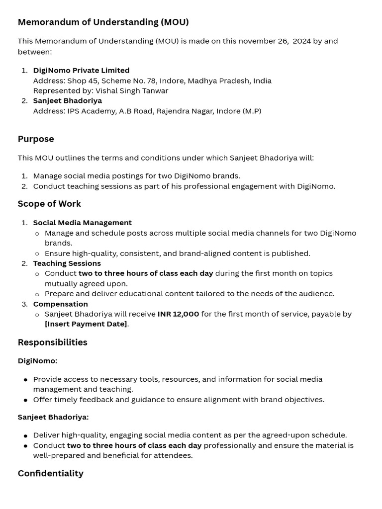 MOU for Social Media & Teaching Roles | PDF