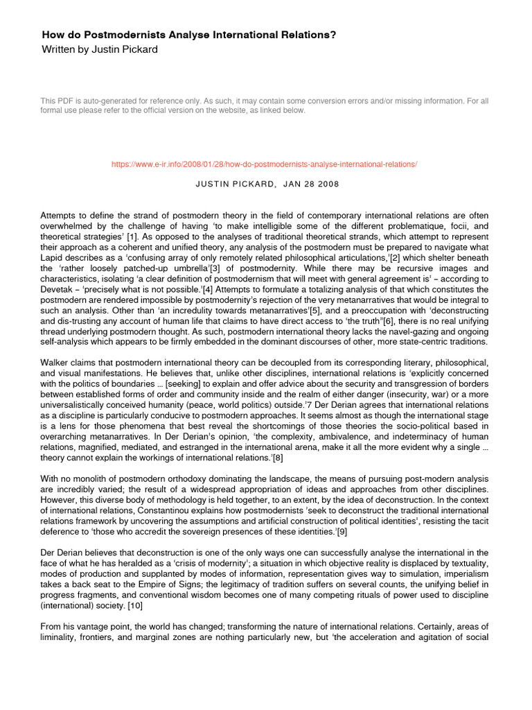 Postmodern Analysis of International Relations | PDF | Postmodernism ...