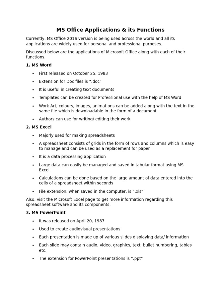 MS Office Applications and Functions Guide | PDF | Microsoft Office ...