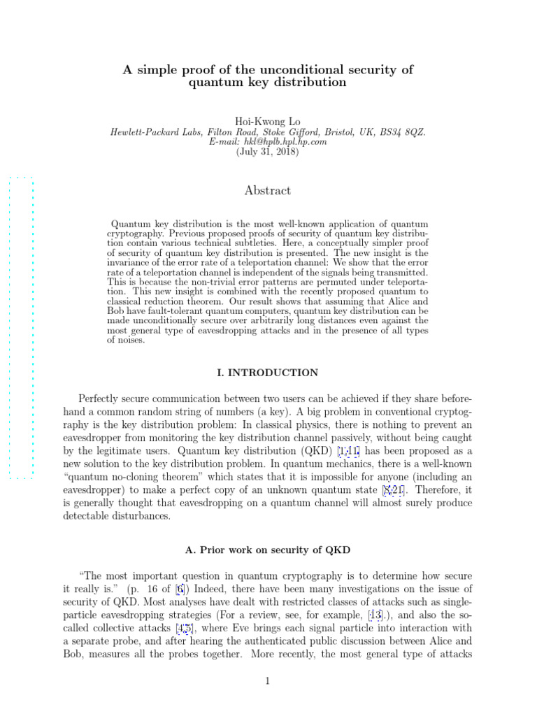 Lo - 2001 - A Simple Proof of The Unconditional Security of Quantum Key ...