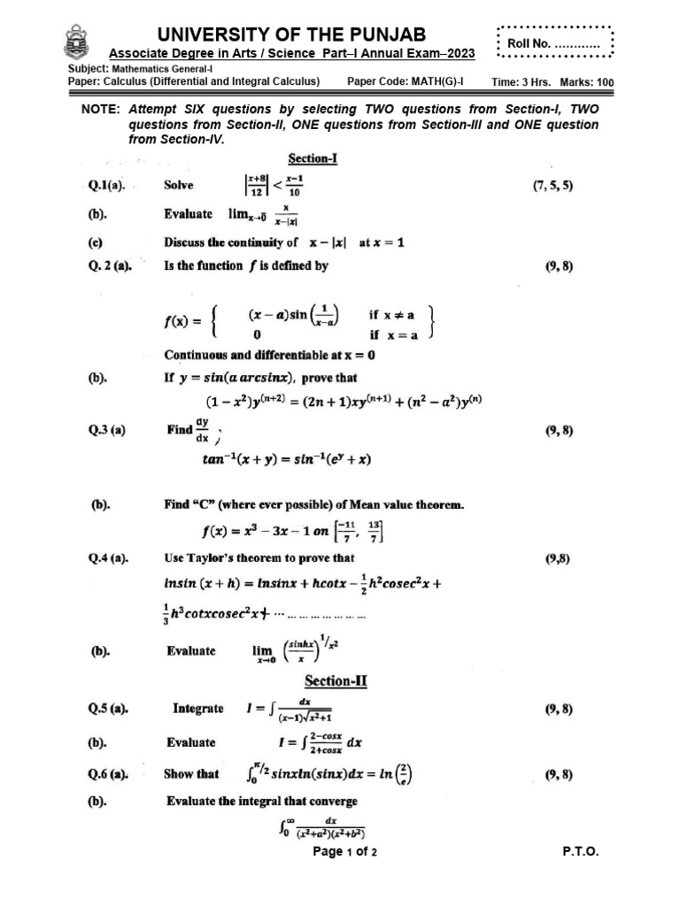 Mathematics - 1 2023 Past Paper | PDF