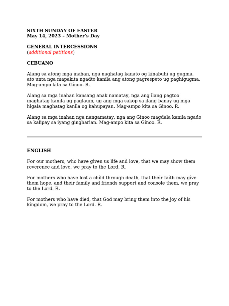 Mothers Day - General Intercessions | PDF