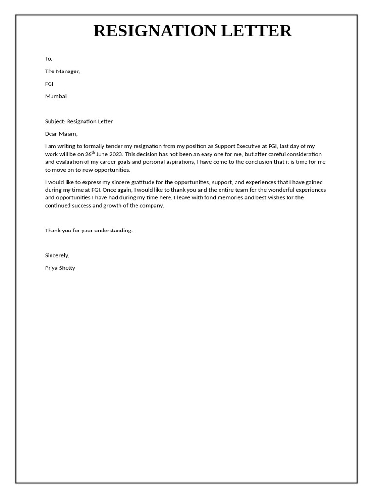 Resignation Letter From Support Executive Pdf 