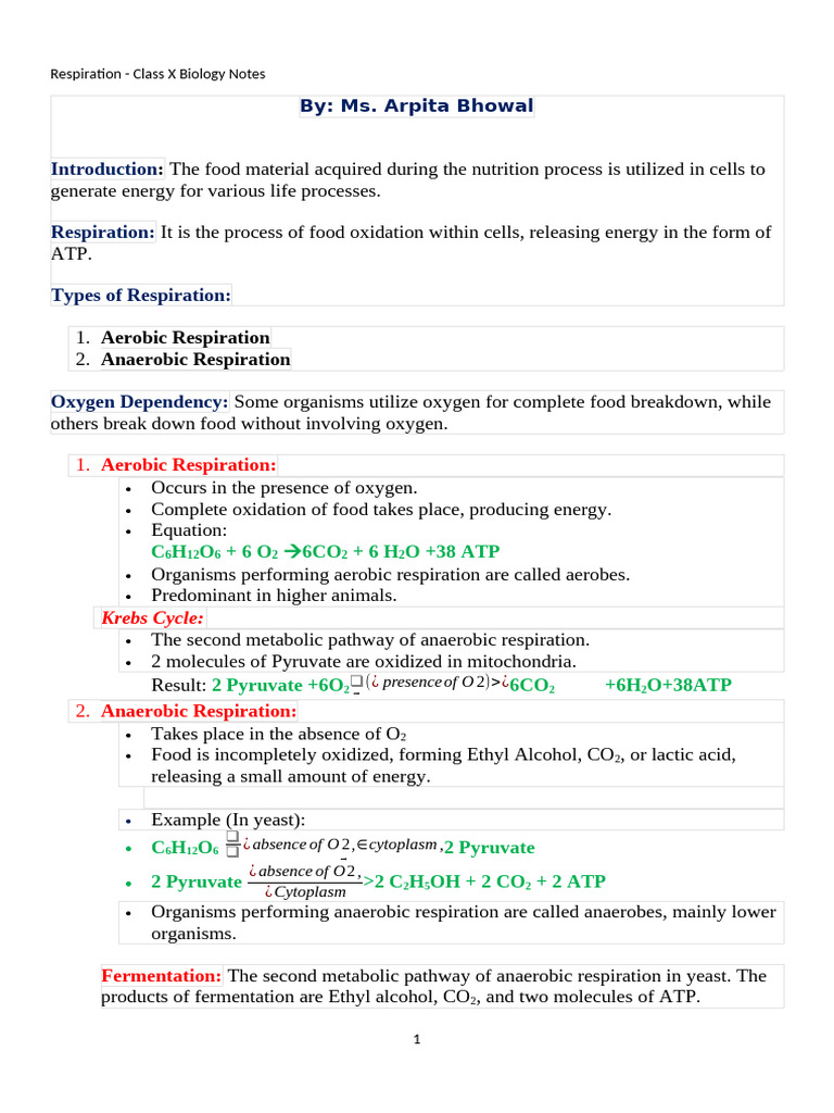 Class X Biology: Respiration Notes | PDF | Cellular Respiration ...
