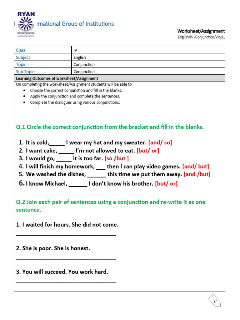 Grade 4 Conjunctions Worksheet | PDF | Worksheet