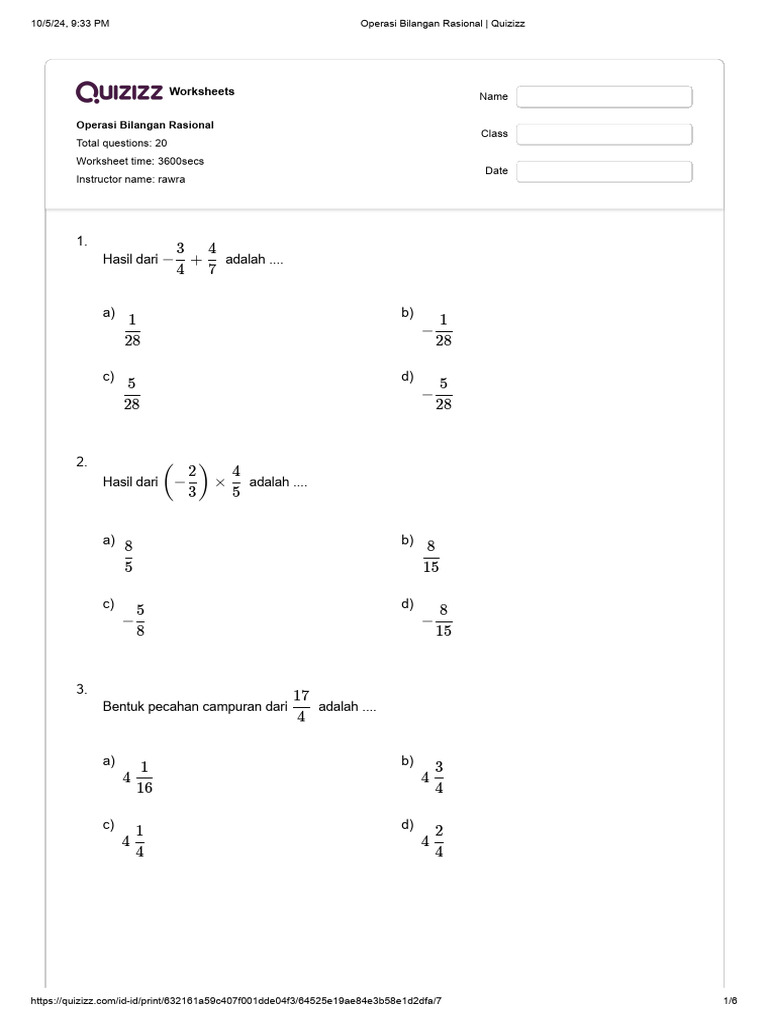 Latihan Operasi Bilangan Rasional | PDF