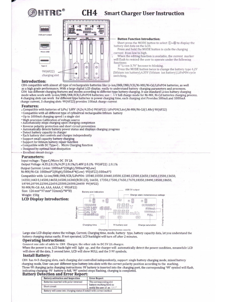 HRTC CH4 Battery Charger User Manual | PDF