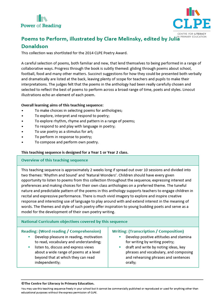 Poetry Performance Teaching Sequence | PDF | Poetry | Rhyme