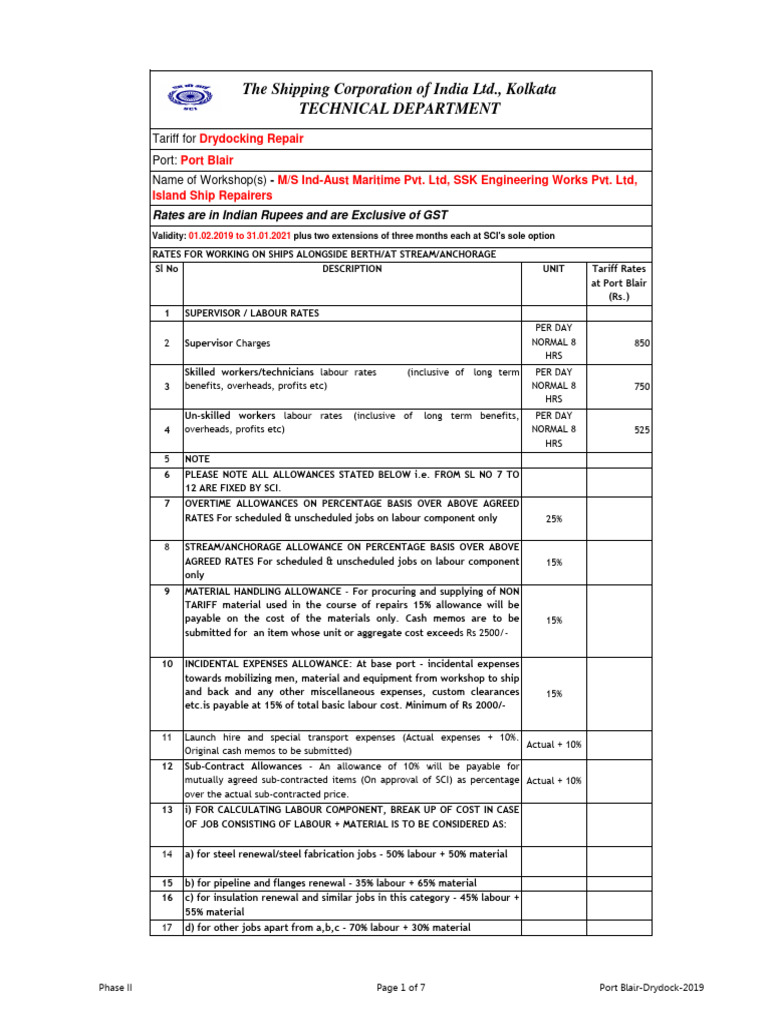 Port Blair Drydocking Tariff Rates | PDF | Valve | Anchor