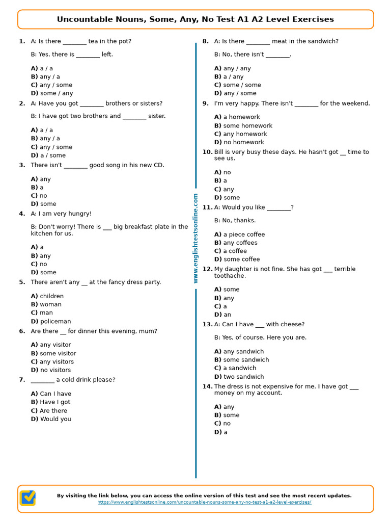 411 Uncountable Nouns Some Any No Test A1 A2 Level Exercises | PDF ...
