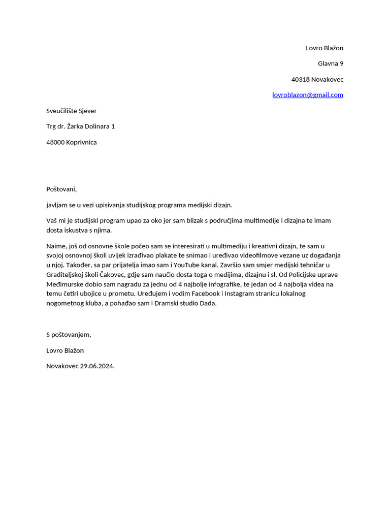 Motivacijsko Pismo | PDF