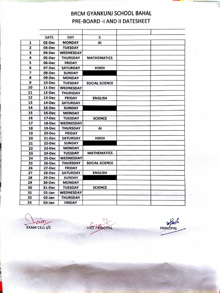 BRCM Gyankunj Pre-Board Datesheet | PDF