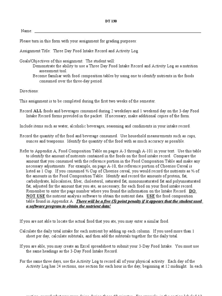 3 Day Food Intake Record Example