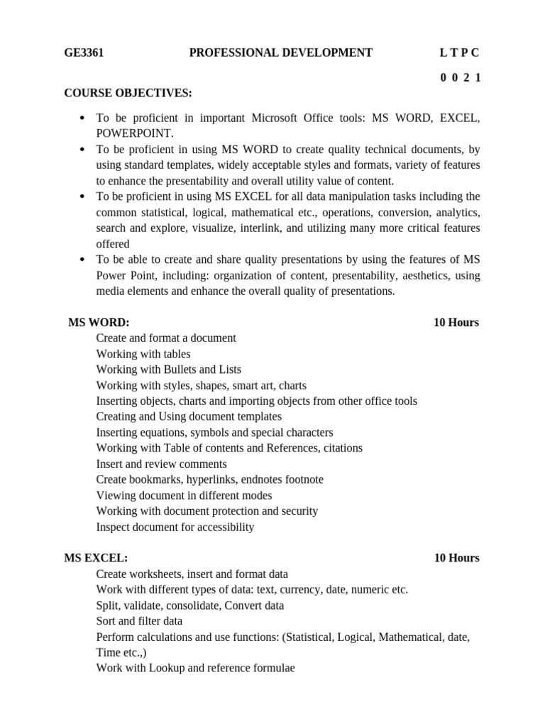 Ge3361 Professional Development L T P C | PDF | Microsoft Excel ...