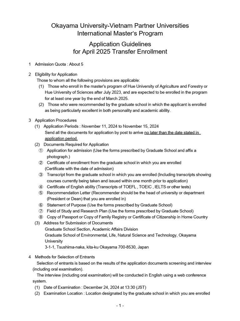 Okayama University Vietnam Master's Application | PDF