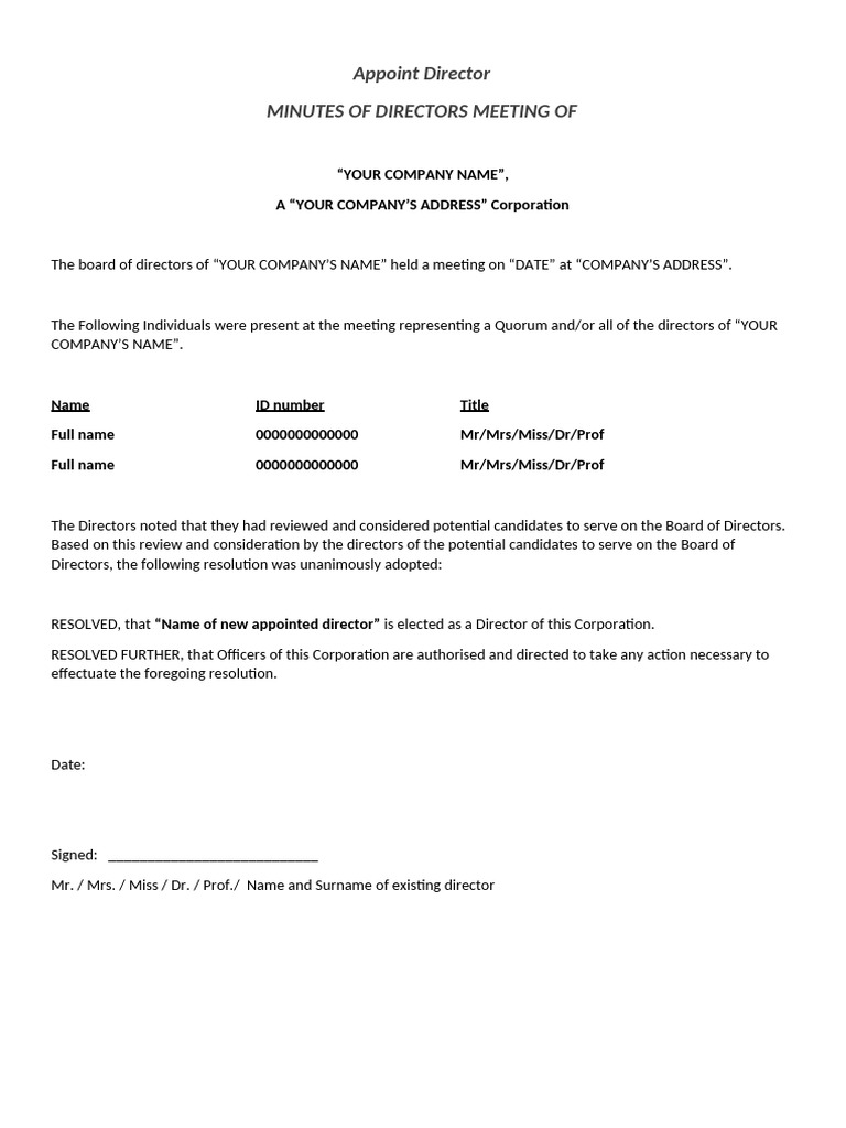 Director Appointment and Resignation Minutes | PDF