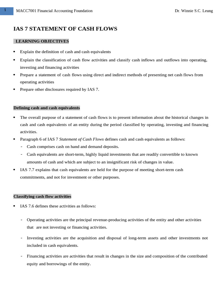 IAS 7 Statement of Cash Flows Lecture Notes (Student Copy) | PDF | Cash ...