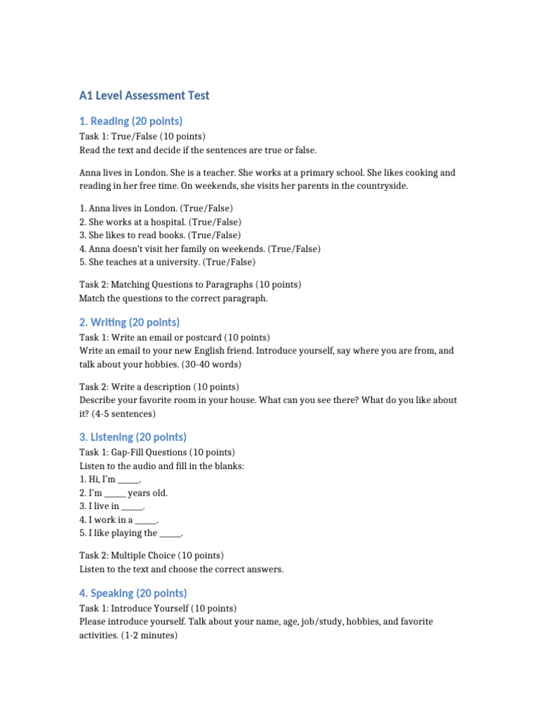 A1 Level Assessment Test Pdf