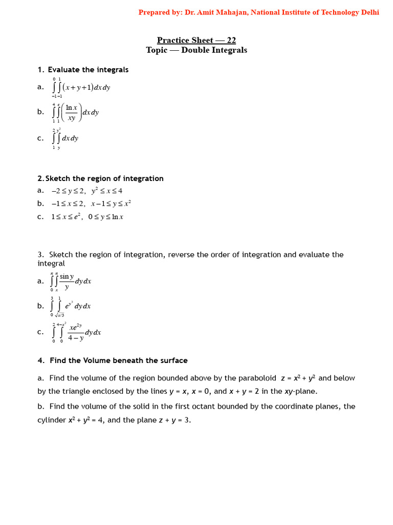 Practice Sheet 22 Double Integrals | PDF | Calculus | Elementary ...