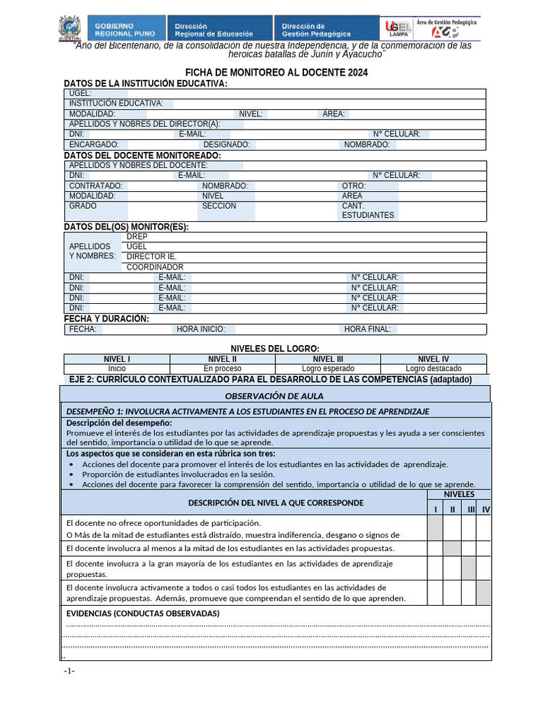 FICHA y RUBRICA DE MONITOREO AL DOCENTE 2024 | PDF | Pensamiento ...