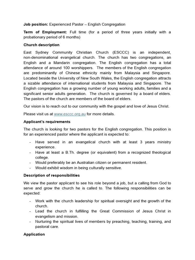 Experienced Pastor Job Advert Final - Docx2 | PDF