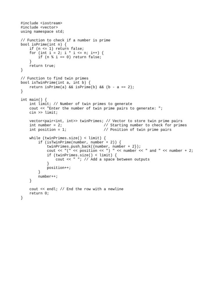 Twin Prime and Position C++ | PDF