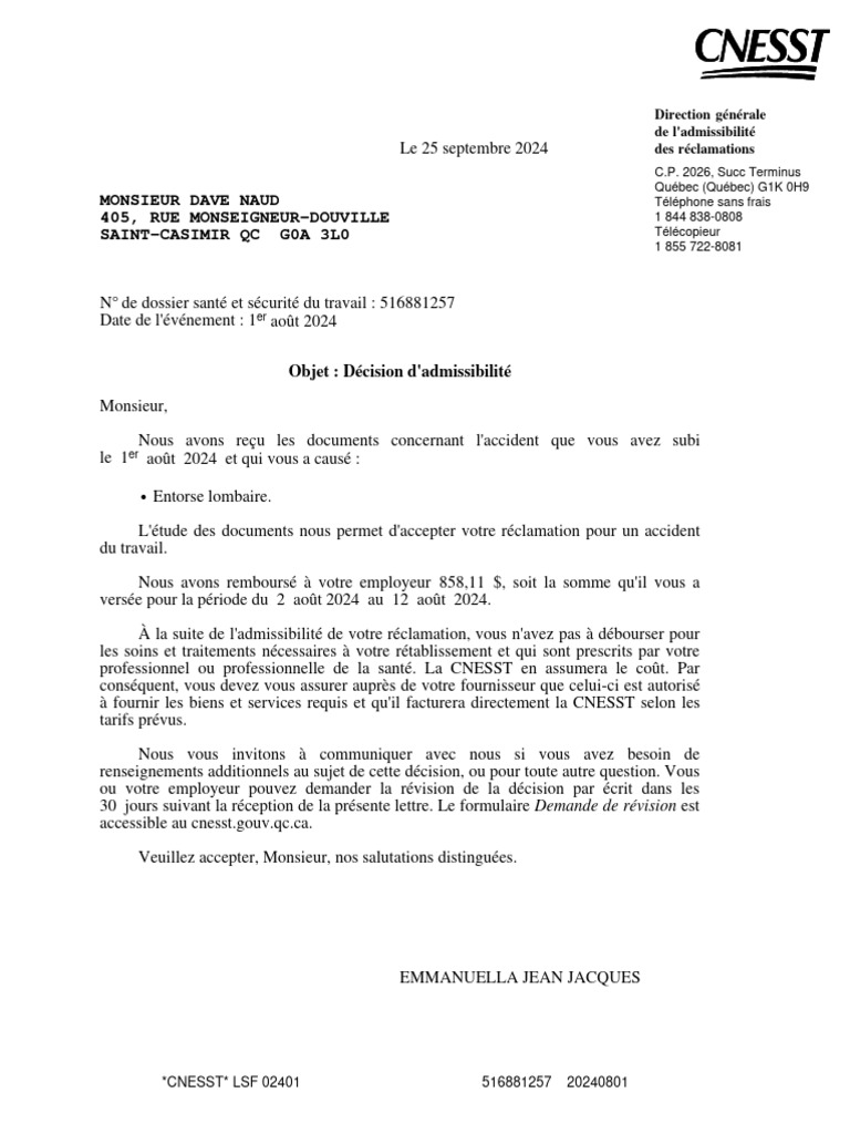 Décision d'admissibilité CNESST | PDF